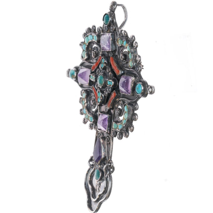 c1940's  Matl Cross pendant Sterling Turquoise Amethyst and coral