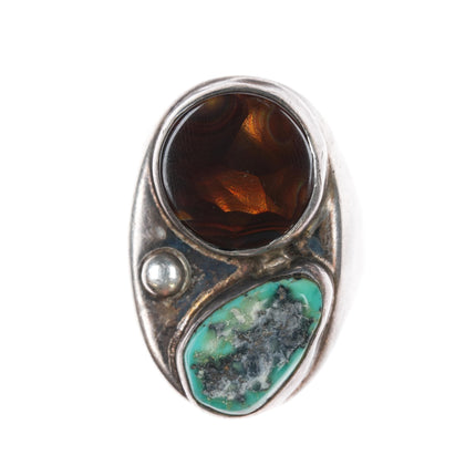 sz11.75 1970's Navajo sterling turquoise, fire agate ring