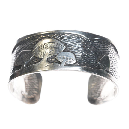 7" Amazing Sterling carved overlay Mushroom cuff bracelet