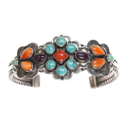 6 3/8" Native American silver, turquoise, spiny oyster, coral cuff bracelet