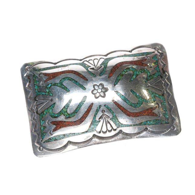 Vintage Native American Sterling Chip inlay belt buckle