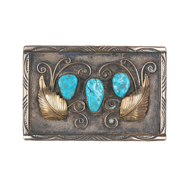 E King Navajo sterling, turquoise gold filled belt buckle