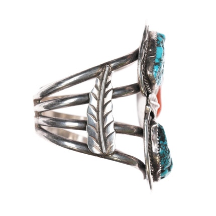 6 1/8" 60's-70's Navajo large sterling cuff bracelet with turquoise/coral