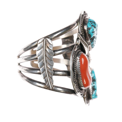 6 1/8" 60's-70's Navajo large sterling cuff bracelet with turquoise/coral