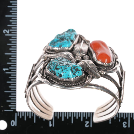 6 1/8" 60's-70's Navajo large sterling cuff bracelet with turquoise/coral