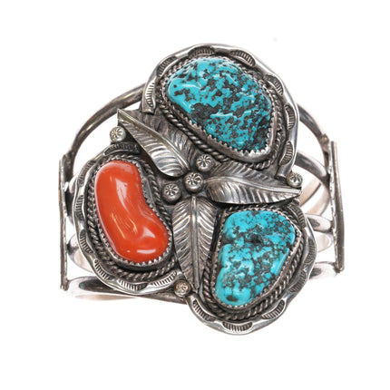 6 1/8" 60's-70's Navajo large sterling cuff bracelet with turquoise/coral