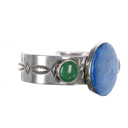 6.5" Anderson Parkett Navajo sterling, green turquoise denim lapis cuff bracelet