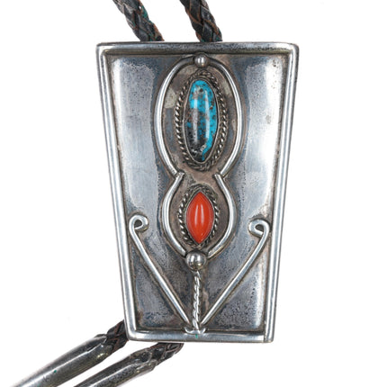 c1960 Large Navajo sterling, turquoise, and coral floriform bolo tie