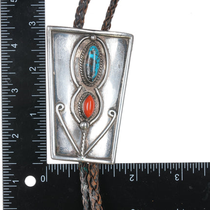 c1960 Large Navajo sterling, turquoise, and coral floriform bolo tie