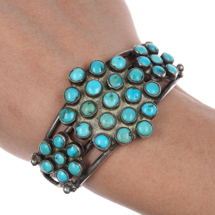 6" 20's-30's Ingot silver Native American turquoise cluster cuff bracelet