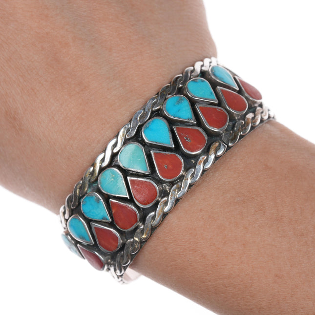 Vintage CL Native American Silver, turquoise and coral channel inlay cuff bracelet