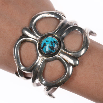 7" Vintage Native American sterling sandcast cuff bracelet with turquoise