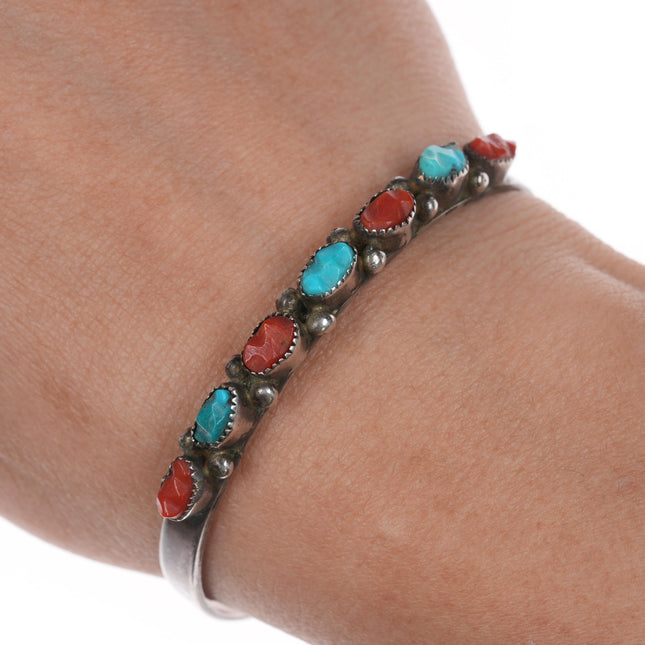 6.25" Vintage Zuni Carved turquoise and coral sterling cuff bracelet