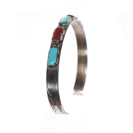 6.5" Cheama Zuni Sterling turquoise, and coral row cuff bracelet