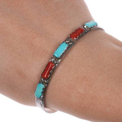 6.5" Cheama Zuni Sterling turquoise, and coral row cuff bracelet