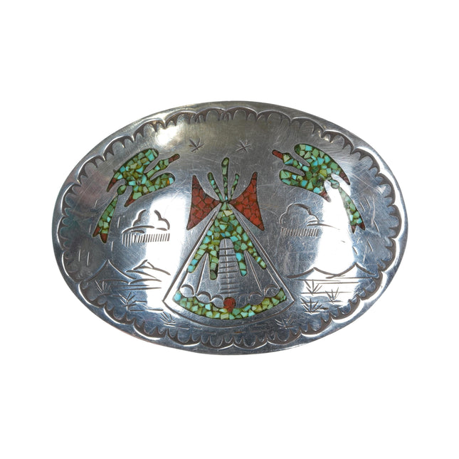 1970's Navajo Chip inlay sterling peyotebird teepee belt buckle