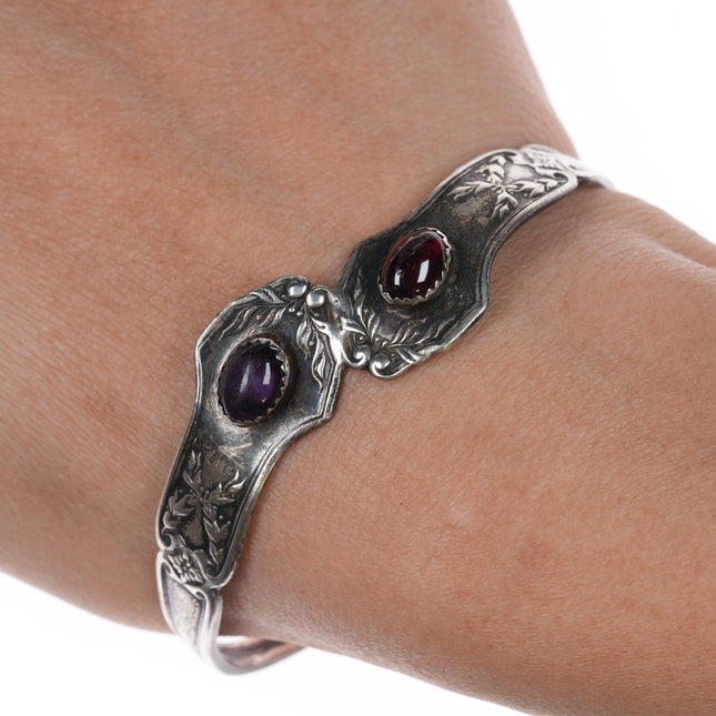 6.5" Vintage Sterling cutlery cuff bracelet with garnet/amethyst