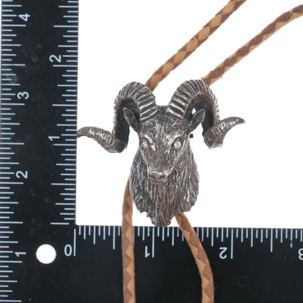 c1960 Large Sterling Ram Head bolo tie with jeweled eyes