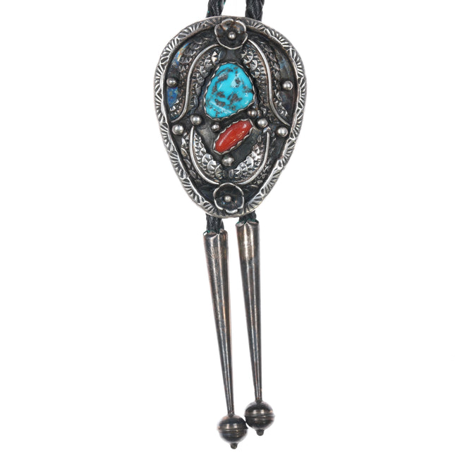 80's Spencer Navajo Sterling turquoise and coral bolo tie