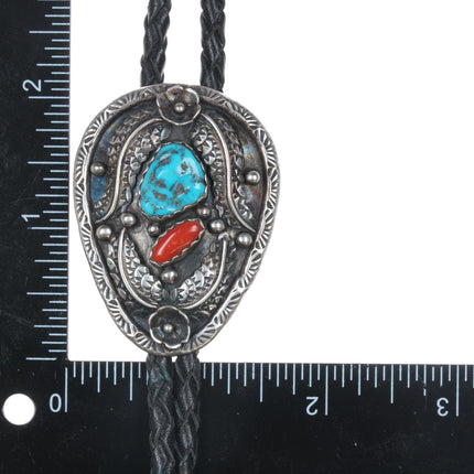 80's Spencer Navajo Sterling turquoise and coral bolo tie