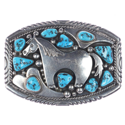 Large Sterling Tommy Moore Navajo horse belt buckle with turquoise