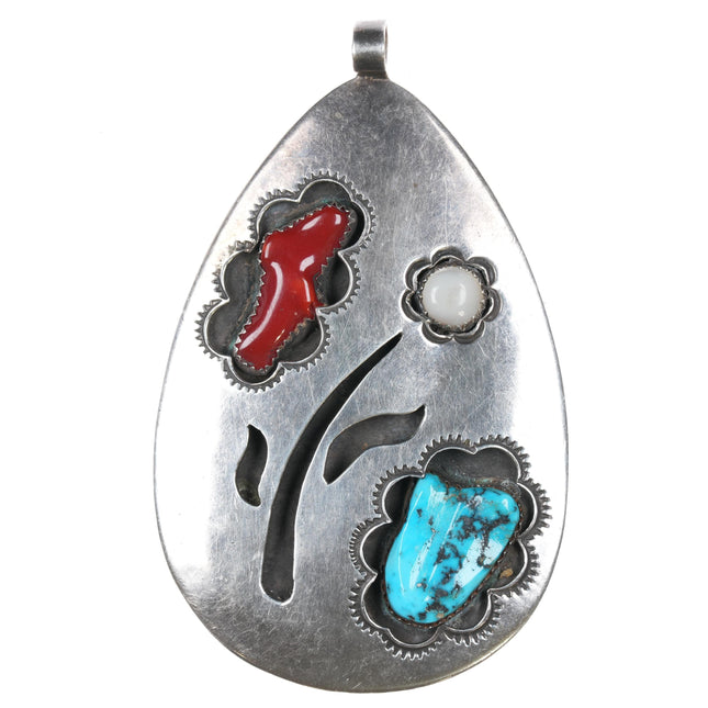 60's-70's Navajo large sterling, turquoise, coral, shell pendant