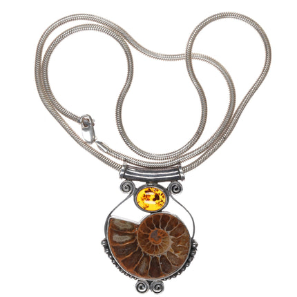 Retro Sterling Ammonite, amber pendant/necklace