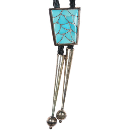 c1980 Vintage Zuni Fishscale turquoise sterling channel inlay bolo tie