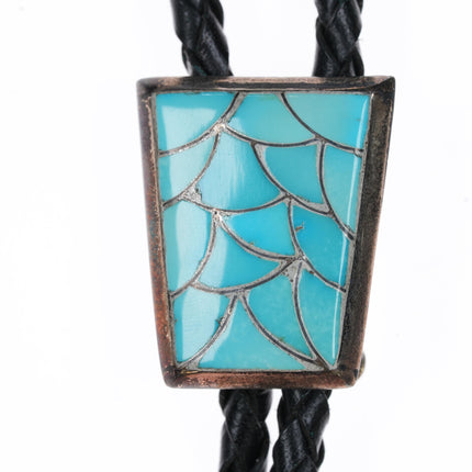 c1980 Vintage Zuni Fishscale turquoise sterling channel inlay bolo tie