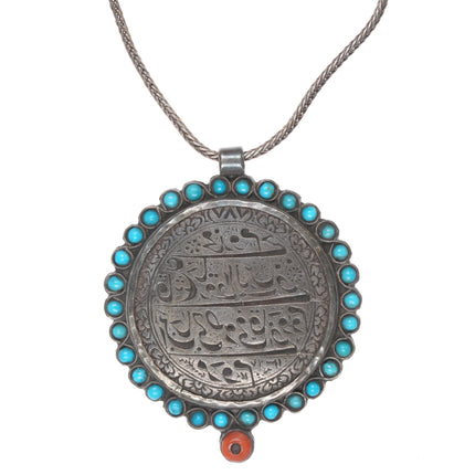 Antique Arabic Sterling, turquoise, and coral pendant on wheat chain