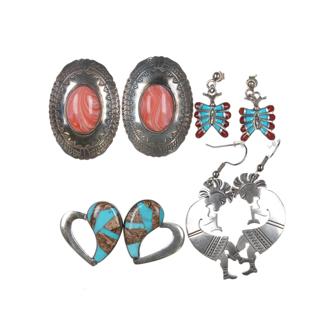 4pr Vintage Southwestern/Native American sterling stud/dangle earring lot