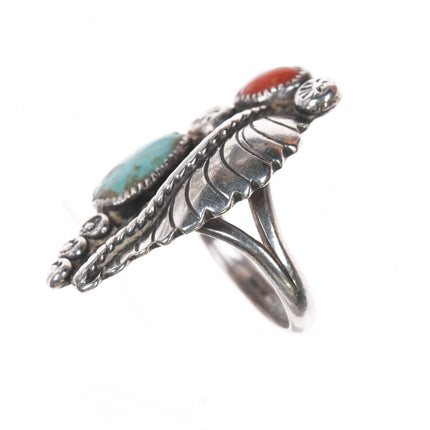 sz6.75 c1960's Native American silver, turquoise, and coral feather ring