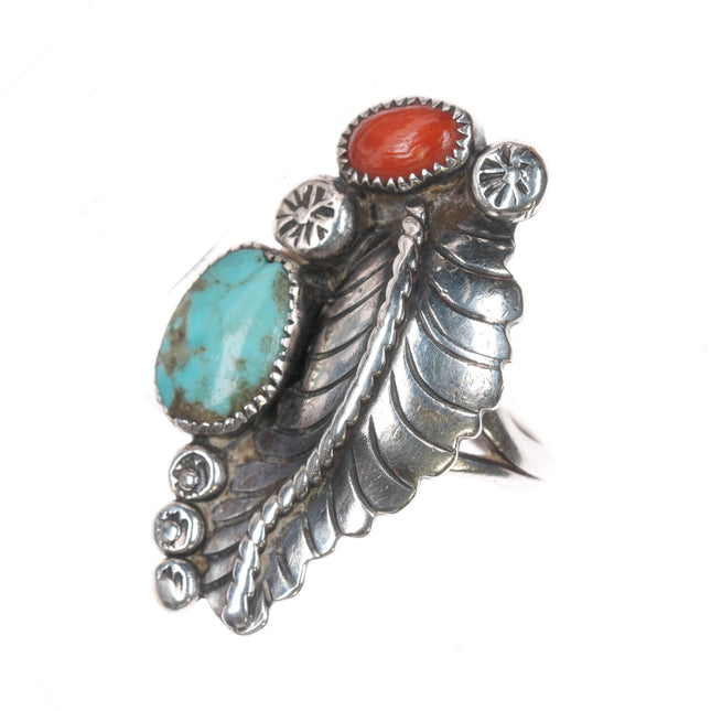 sz6.75 c1960's Native American silver, turquoise, and coral feather ring