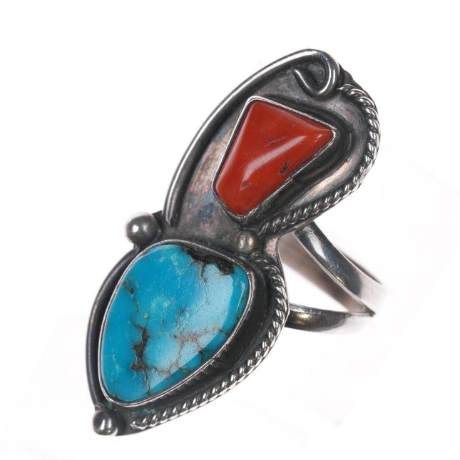 sz7 vintage Native American silver, turquoise, and coral rope edge ring