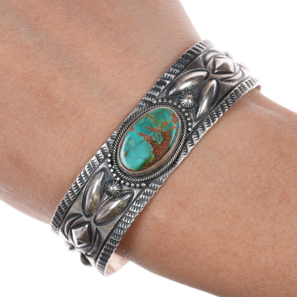 6.25" Stanley Parker Navajo heavy stamped sterling high grade turquoise cuff bracelet