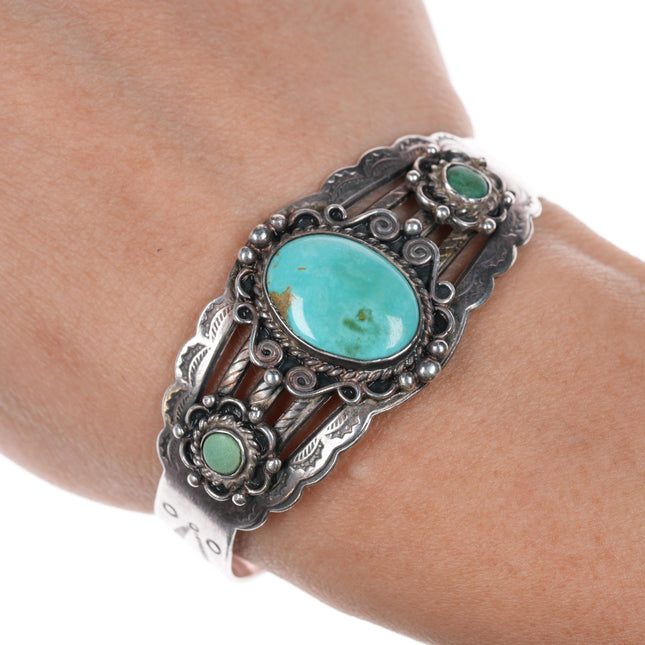 6" 40's-50's Navajo Curio Fred Harvey style sterling and turquoise cuff bracelet