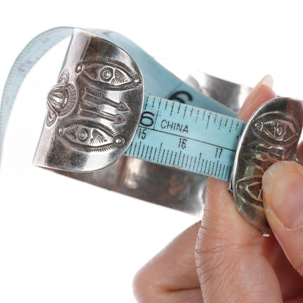 6 7/8" c1940's Navajo stamped repousse silver cuff bracelet with turquoise