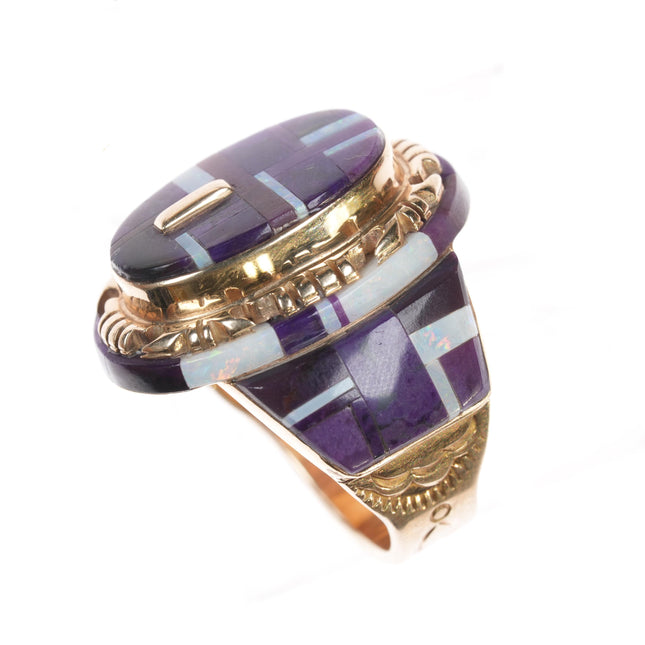 sz6.75 Herman Hoskie Navajo 14k Gold Sugilite/opal inlay ring