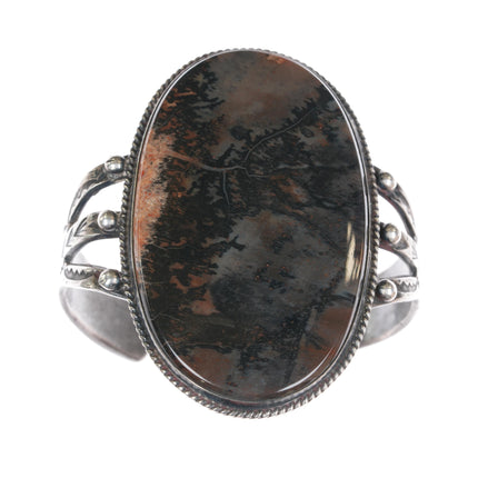 6 7/8" c1940's Large Native American silver moss agate cuff bracelet