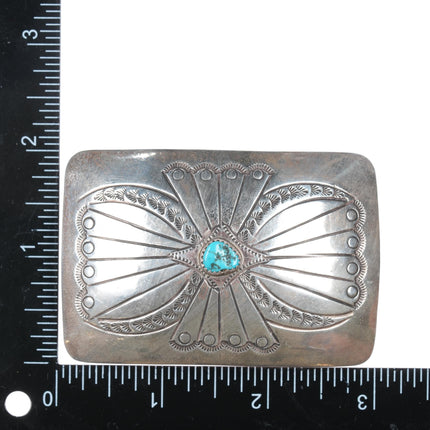 Vintage Sterling Navajo turquoise belt buckle with hand stamped design