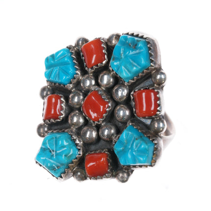 Sz7 Running Bear Shop Native American sterling, carved turquoise/coral ring