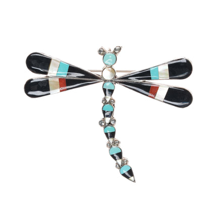 Large Zuni sterling dragonfly pendant turquoise, jet, coral, shell inlay