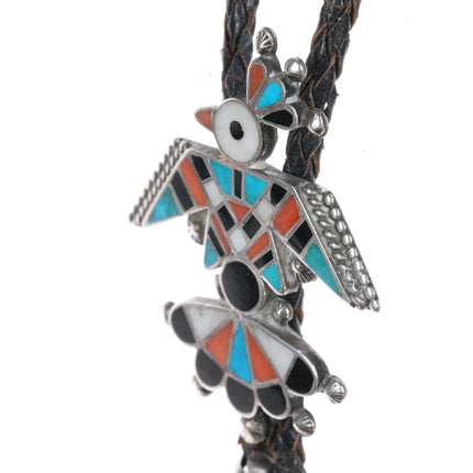 c1950 Zuni Thunderbird sterling channel inlay bolo tie with fancy tips