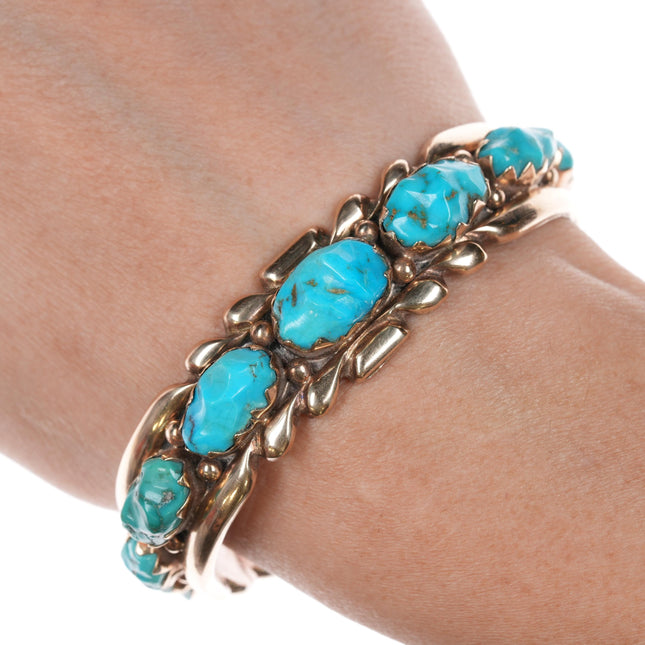 6.25" Wayne & Virginia Quam Zuni 14k/Sterling turquoise row cuff bracelet