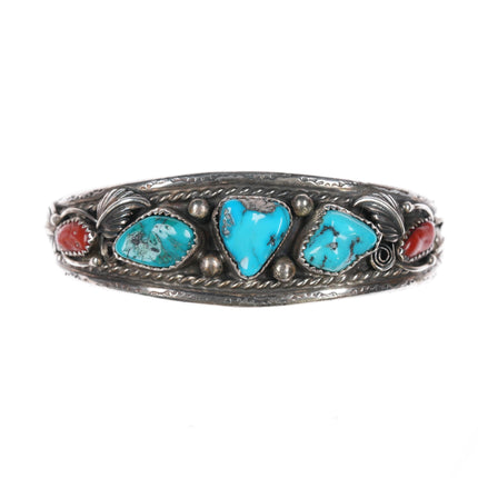 6 5/8" 1970's Navajo sterling turquoise/coral cuff bracelet