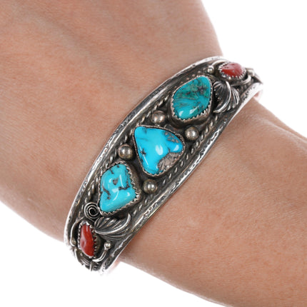 6 5/8" 1970's Navajo sterling turquoise/coral cuff bracelet