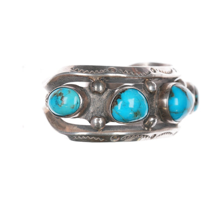 6.25" Vintage Navajo hand stamped heavy sterling/turquoise row cuff bracelet