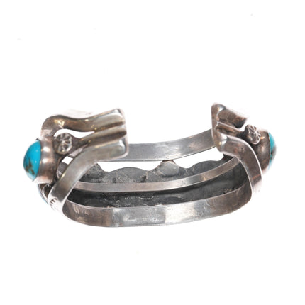 6.25" Vintage Navajo hand stamped heavy sterling/turquoise row cuff bracelet