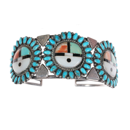 6.5" 40's-50's Zuni sterling sunface channel inlay turquoise cuff bracelet