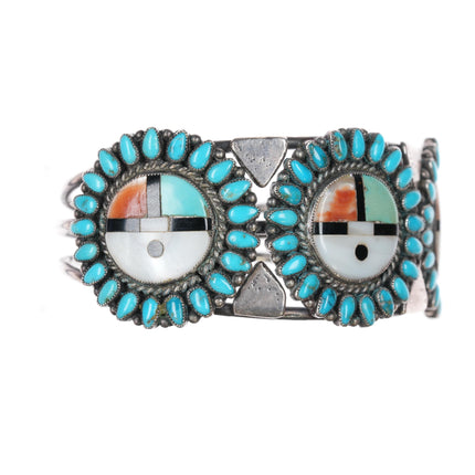 6.5" 40's-50's Zuni sterling sunface channel inlay turquoise cuff bracelet